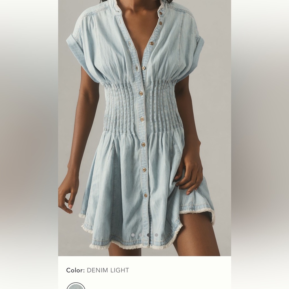 Small Anthropologie pilcro shirred waist button down denim jean mini dress